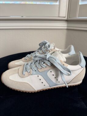 Larroude Stella Sneaker In Grey Suede, White Leather and Silver Metallic Leather